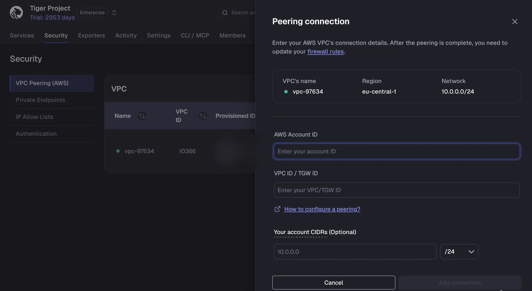 Adding a peering connection with AWS account details