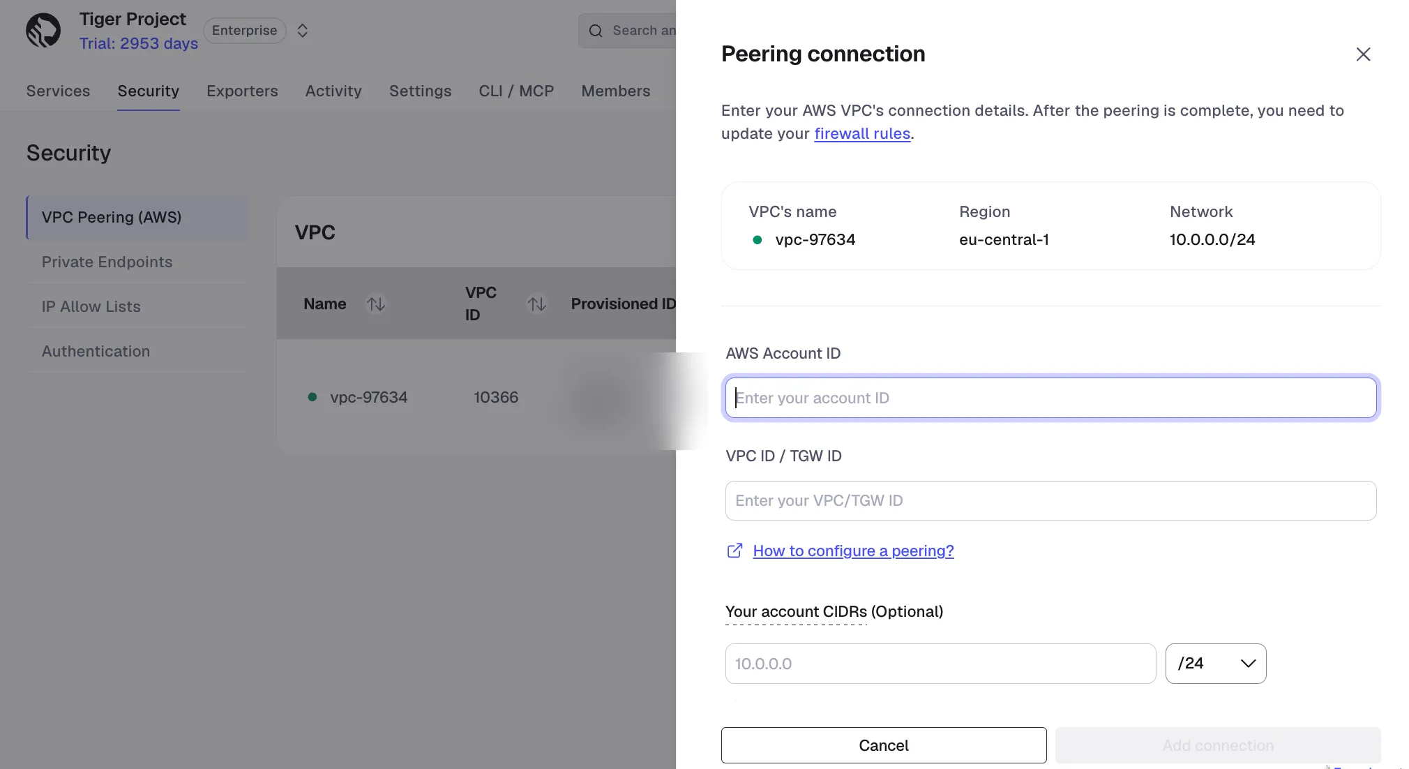 Adding a peering connection with AWS account details