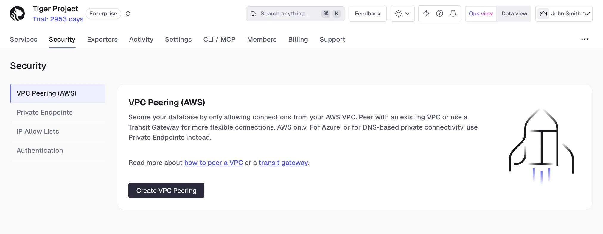 Creating a new peering VPC in Tiger Console