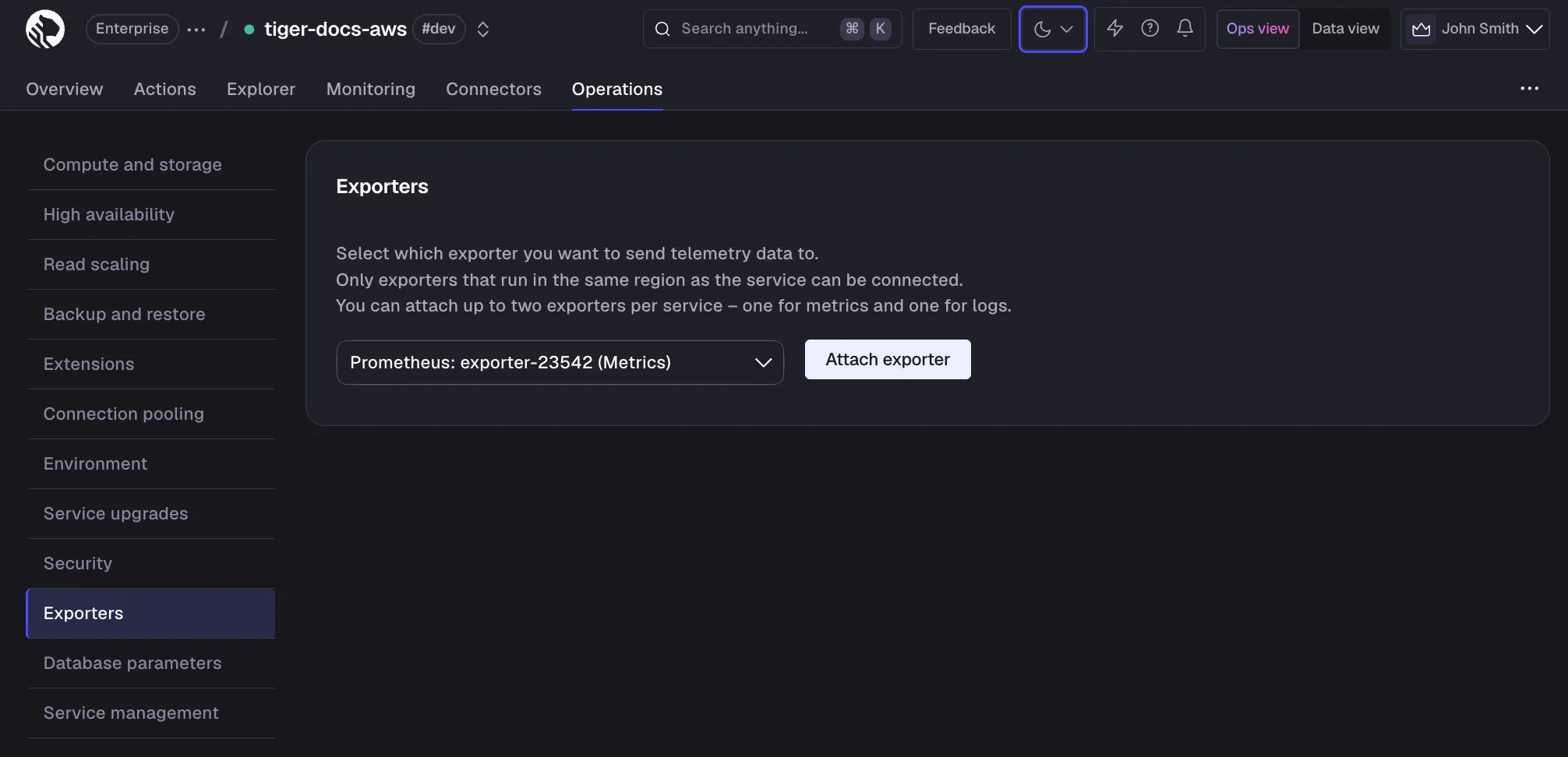 Attaching a Prometheus exporter to a service in Tiger Console
