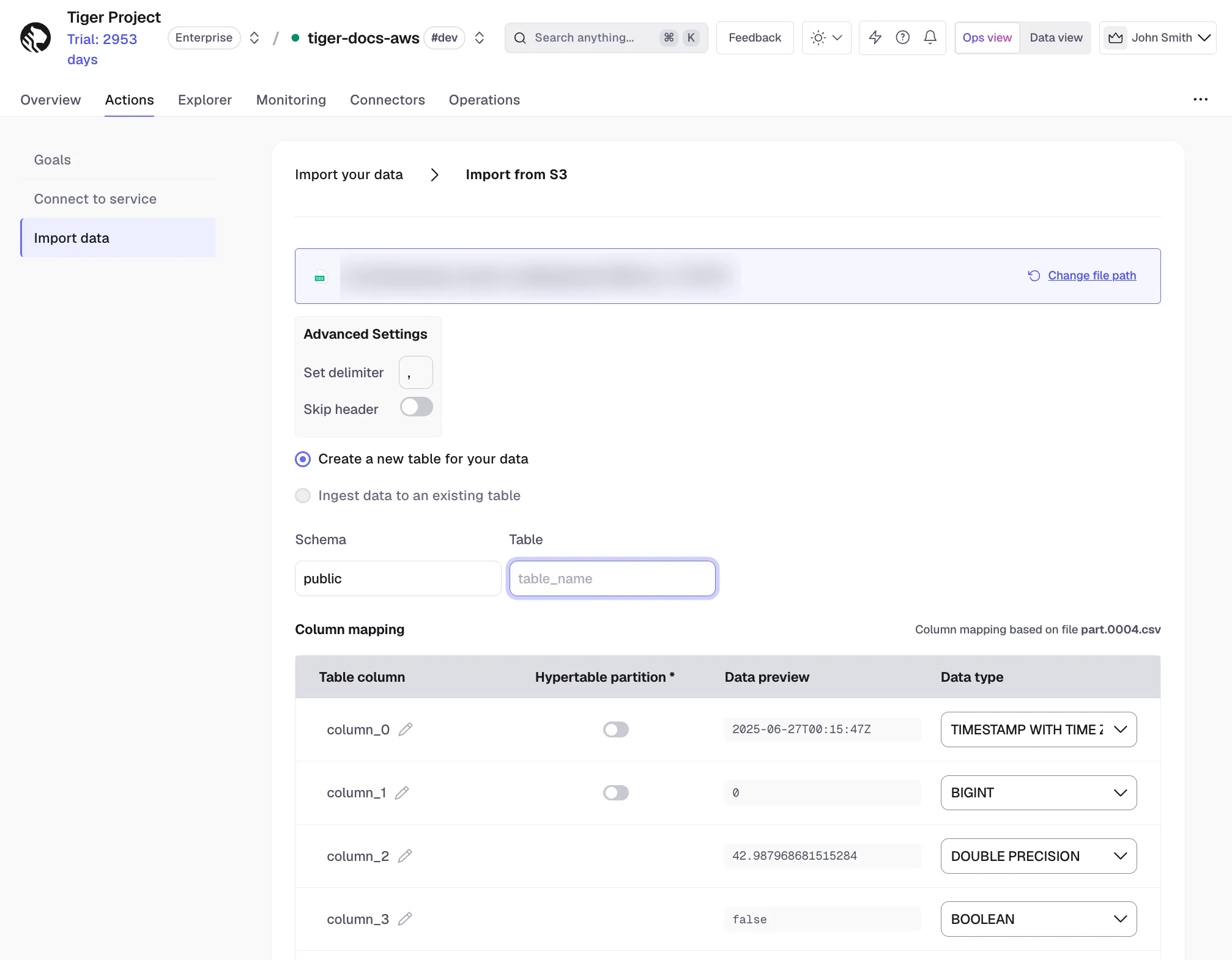 Configuring CSV import from S3 in Tiger Console