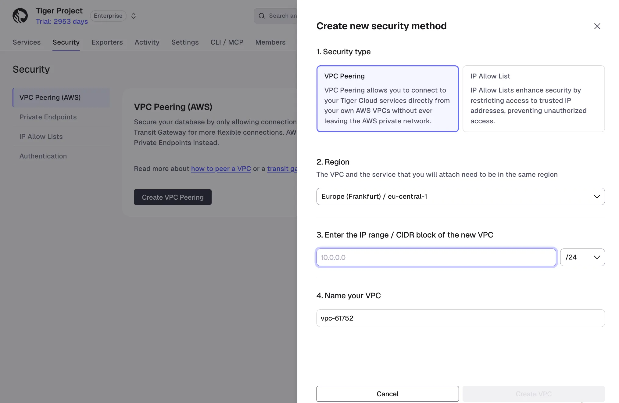Configuring VPC region, IP range, and name