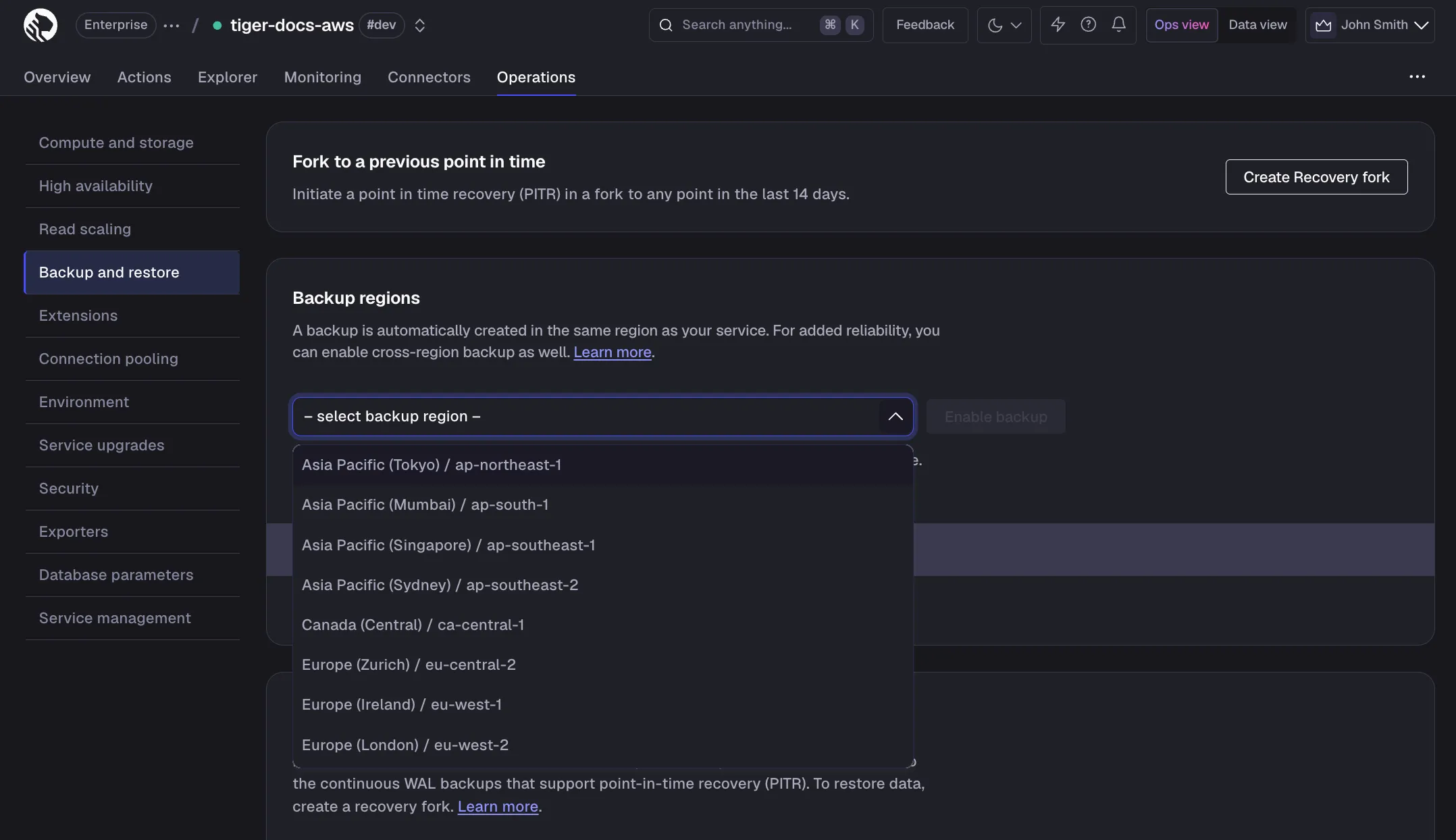 Creating a cross-region backup in Tiger Console