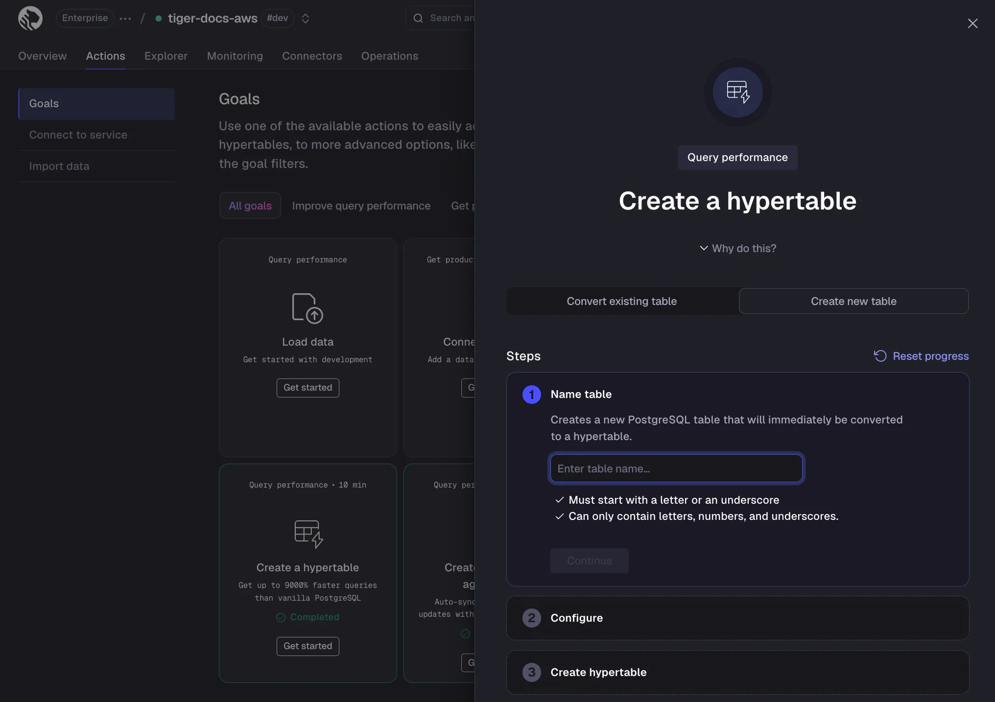 Create a hypertable wizard in Tiger Console