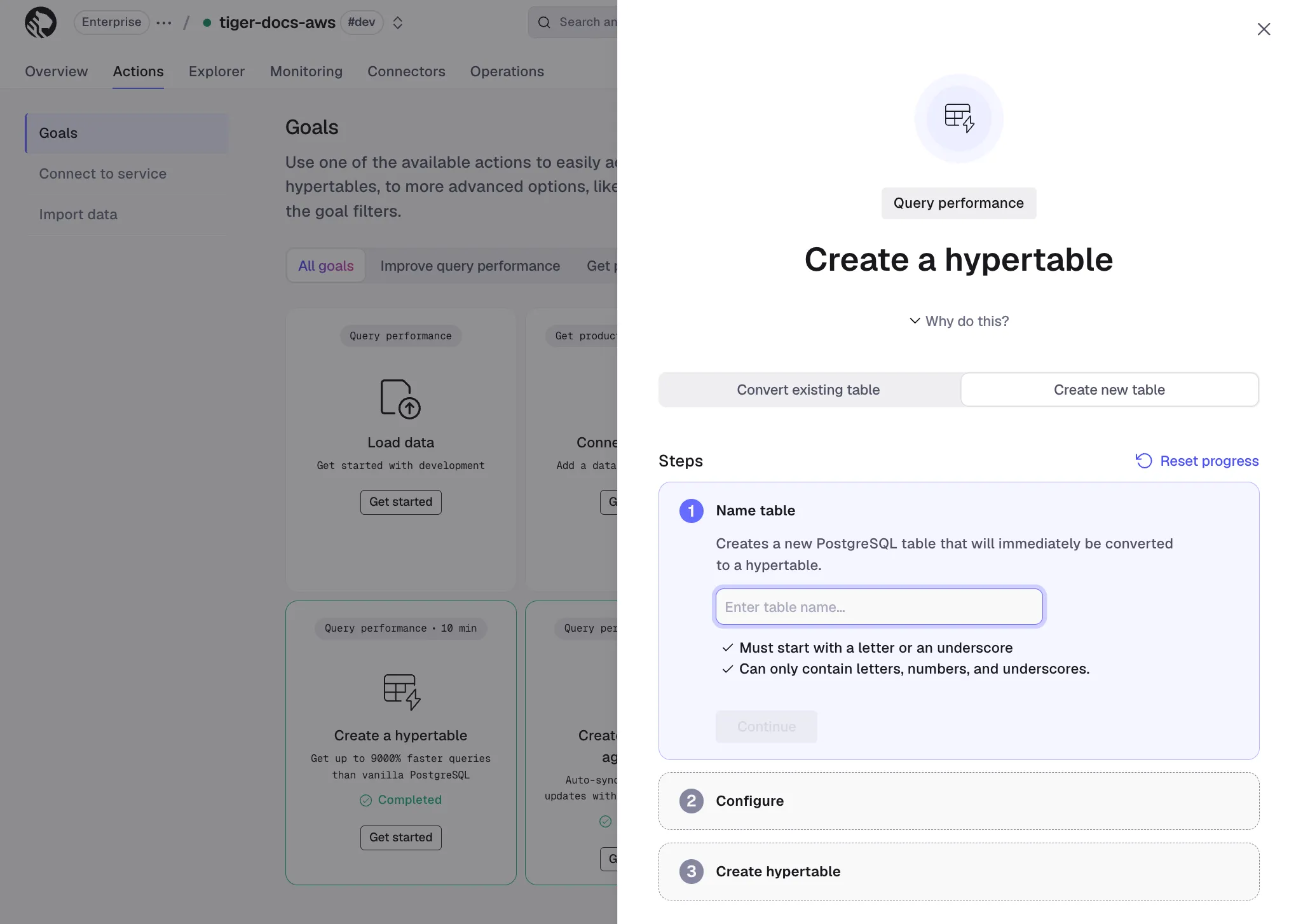 Create a hypertable wizard in Tiger Console