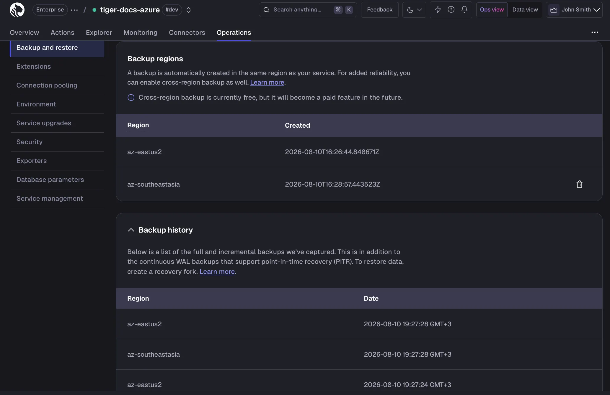 Cross-region backup list in Tiger Console