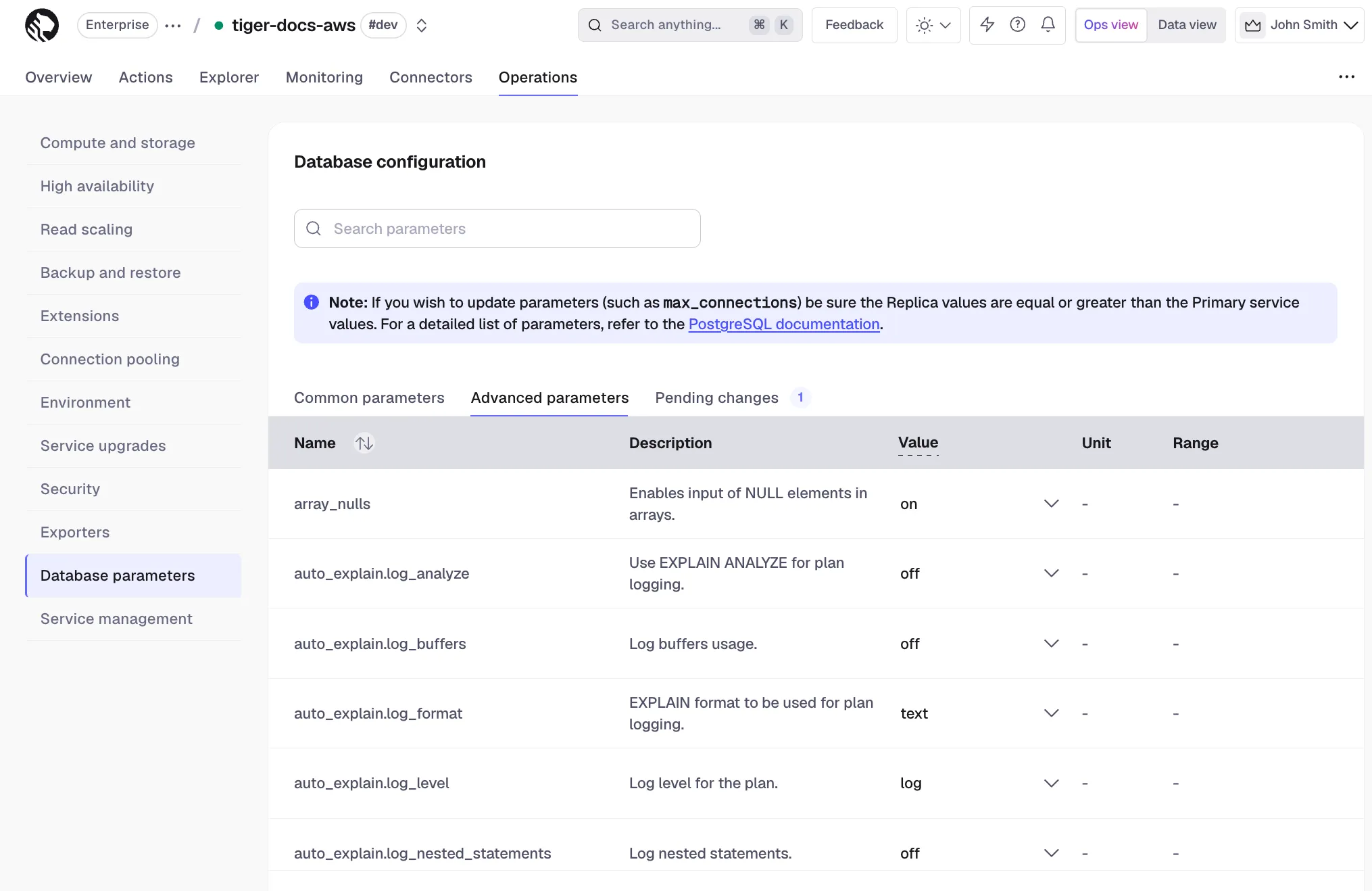 Database configuration advanced parameters