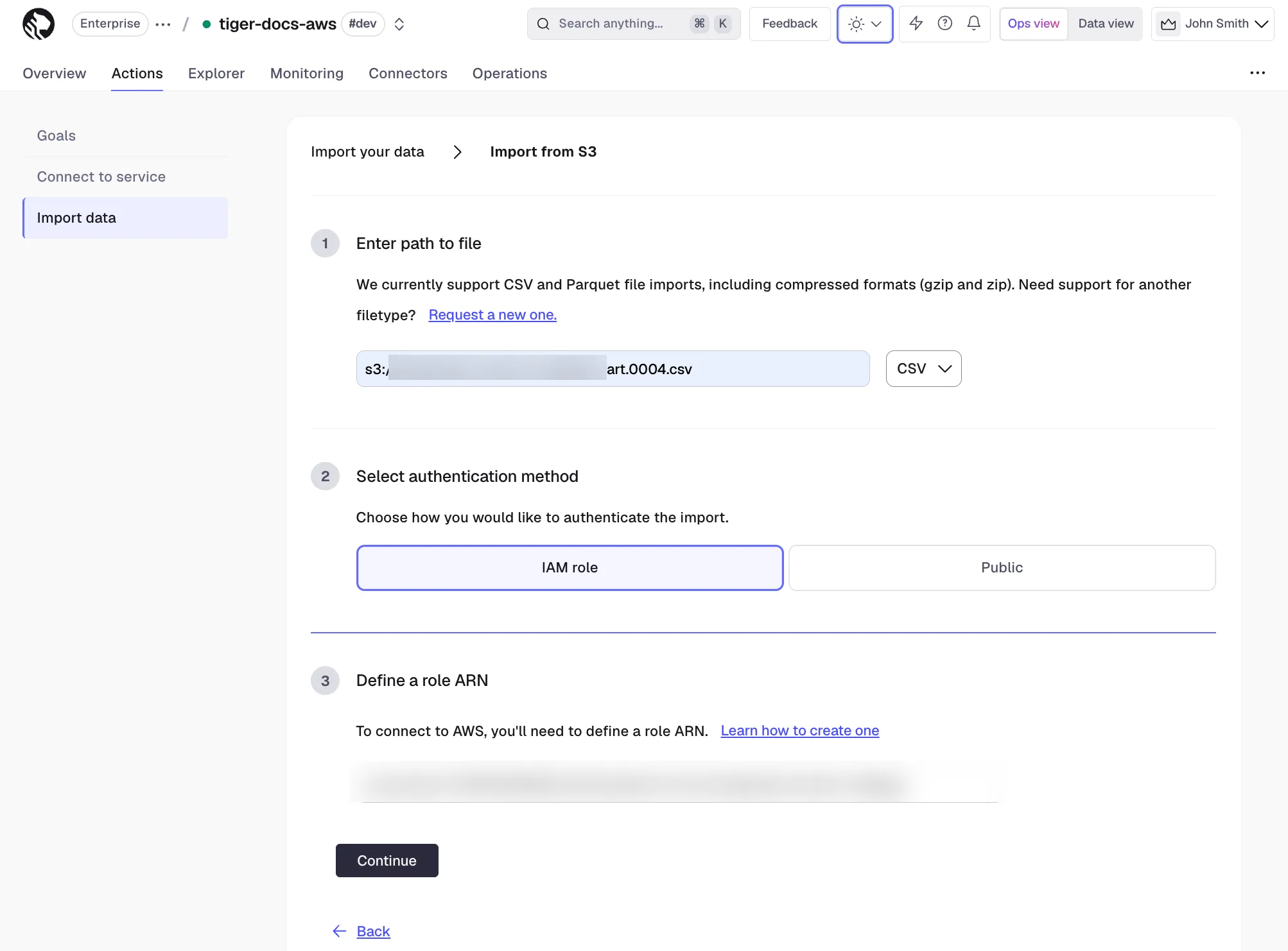 Importing a CSV file from S3 in Tiger Console
