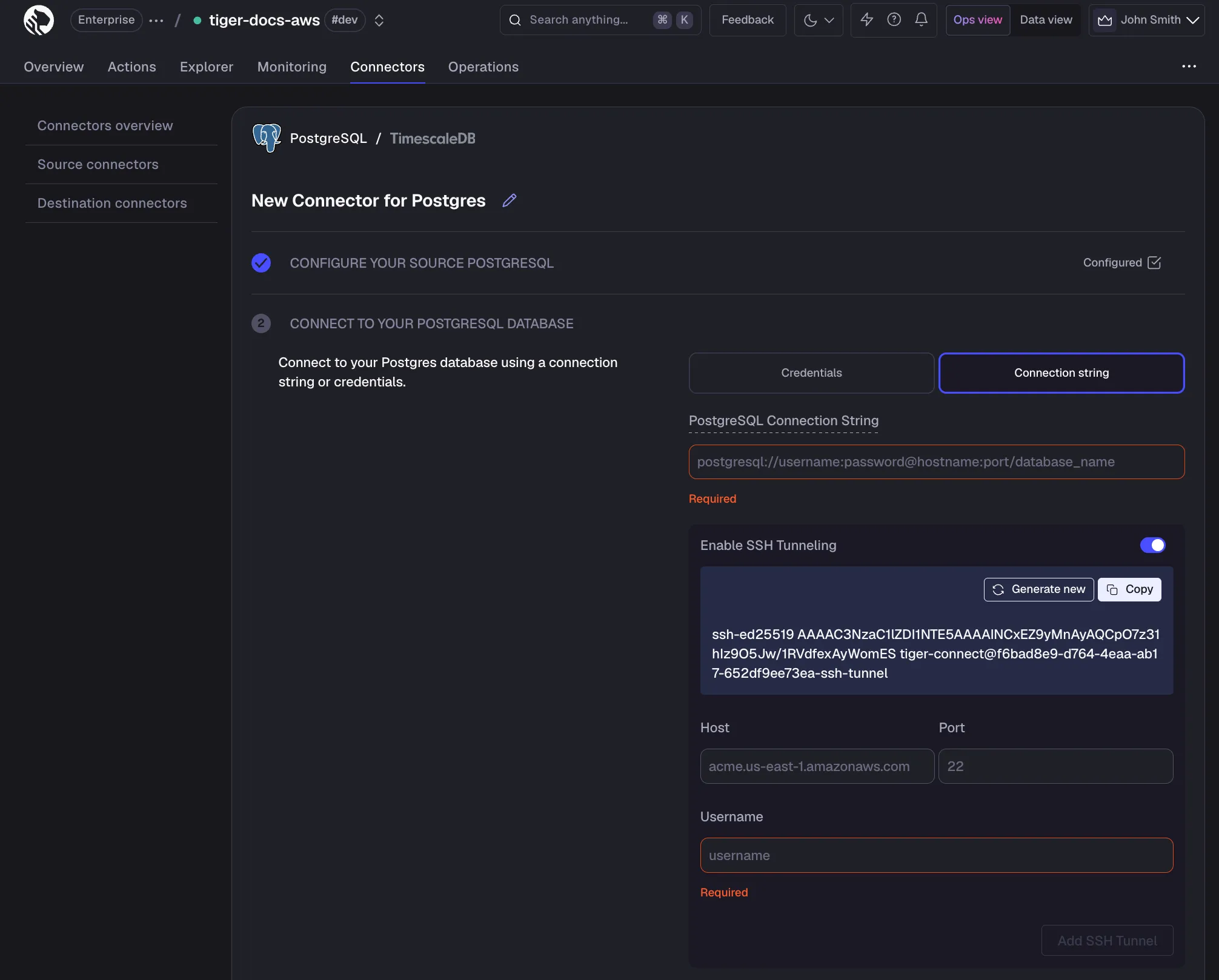 PostgreSQL connector connection string in Tiger Console