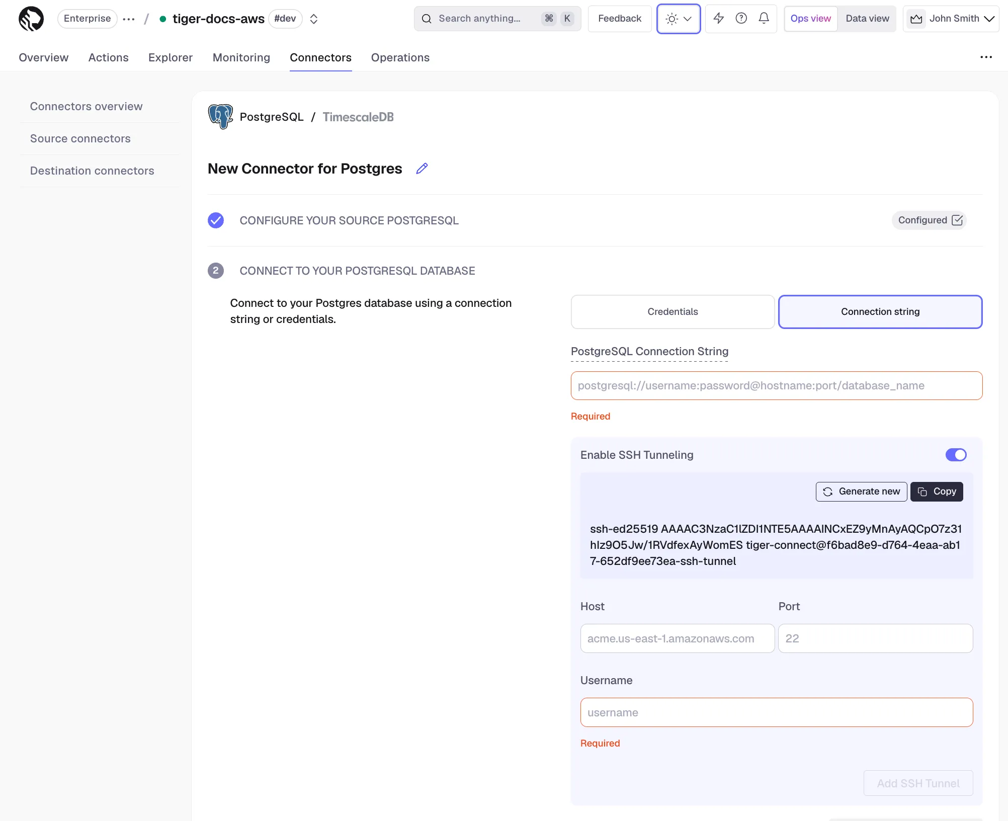 PostgreSQL connector connection string in Tiger Console