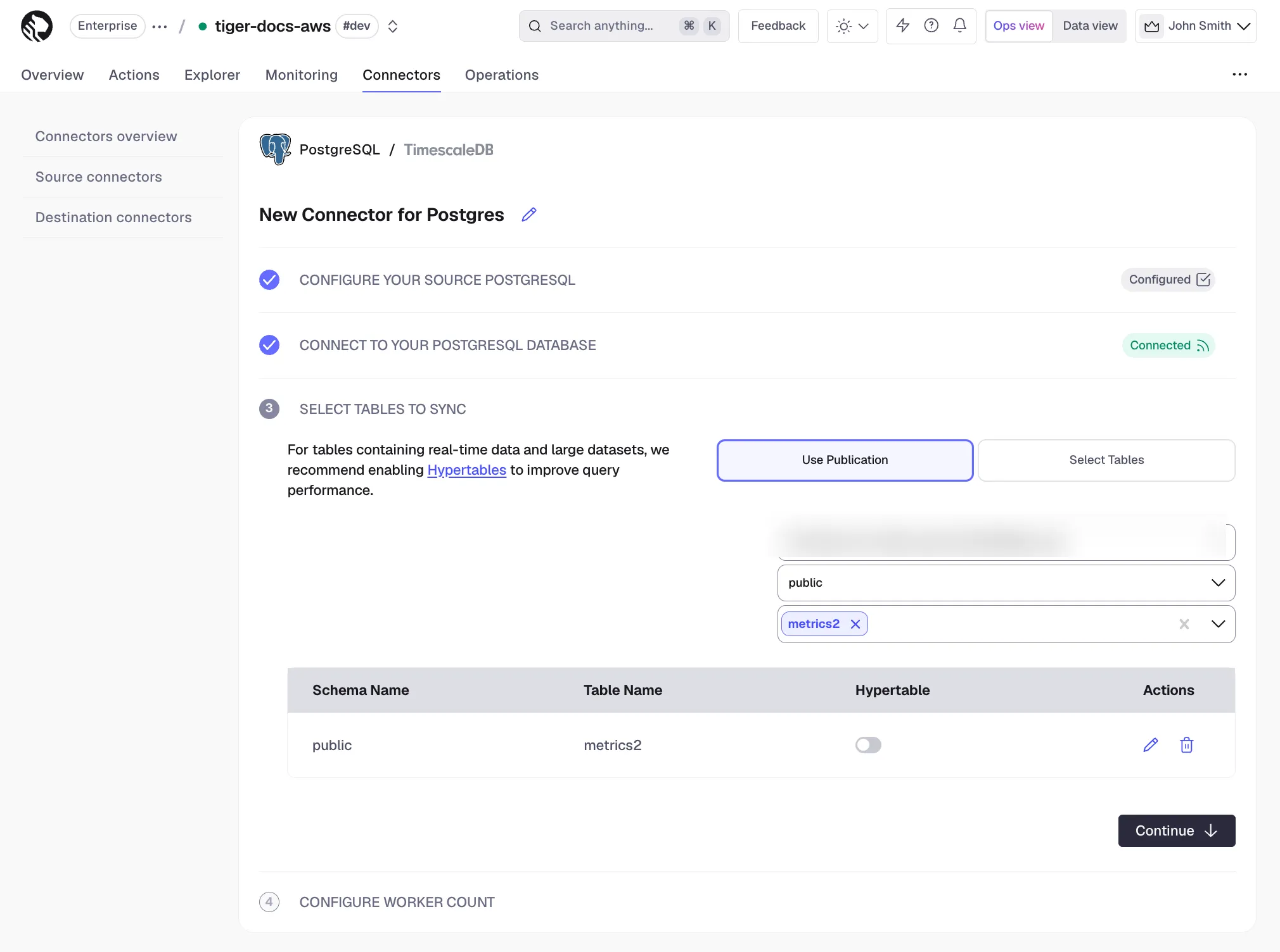 Starting the PostgreSQL connector in Tiger Console