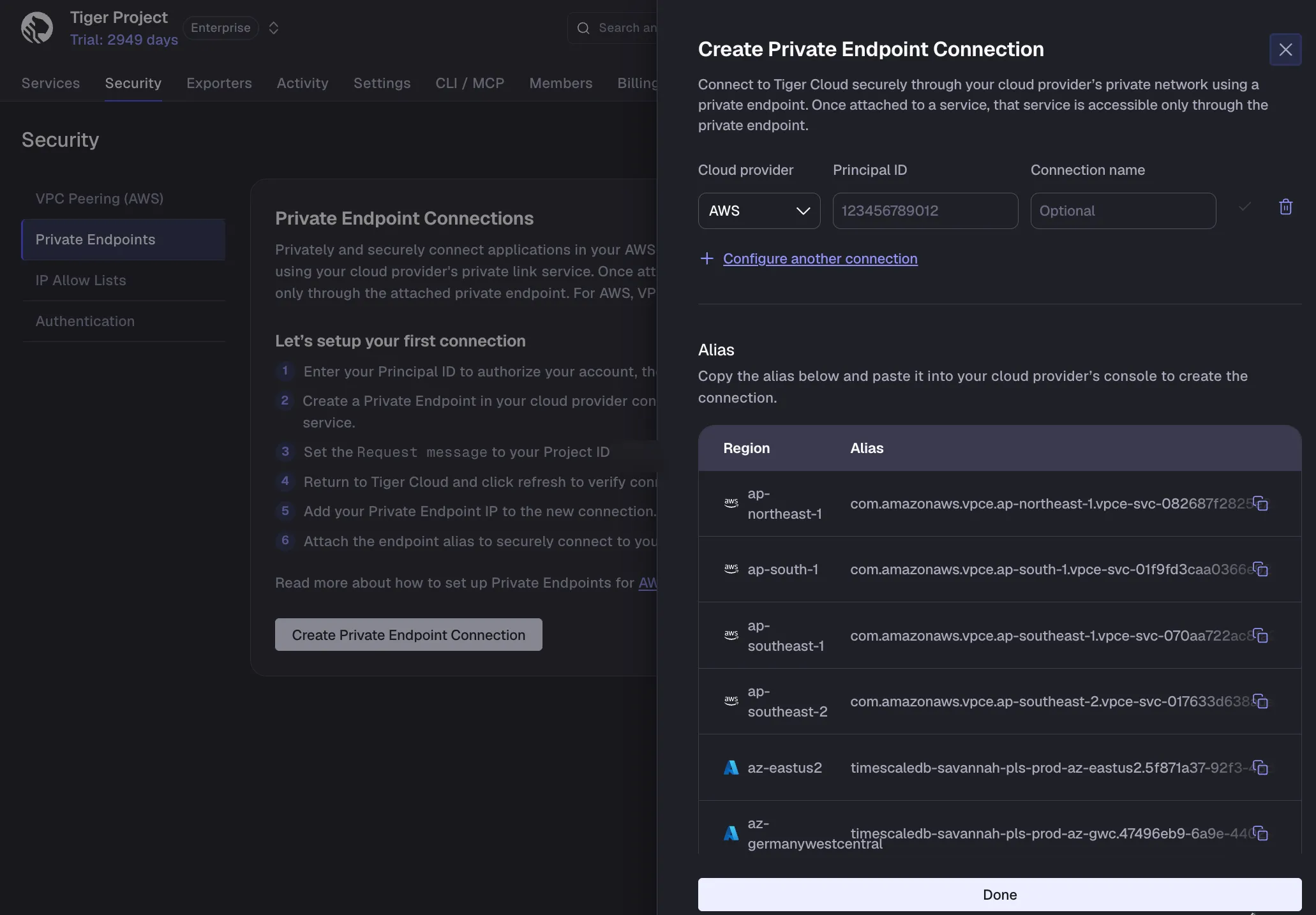Configure private endpoint connection in Tiger Cloud