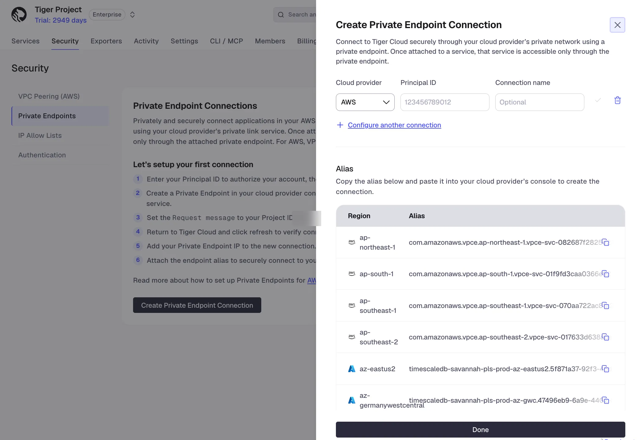 Configure private endpoint connection in Tiger Cloud