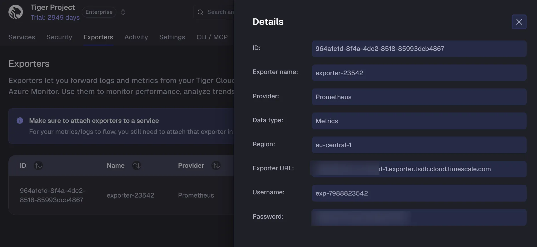 Prometheus exporter details showing endpoint and credentials