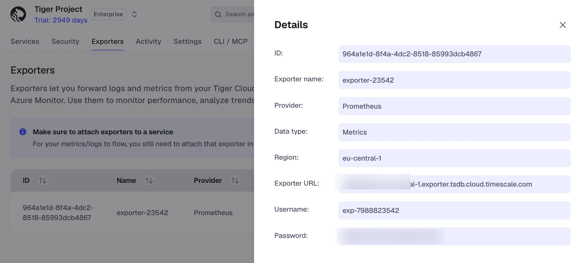 Prometheus exporter details showing endpoint and credentials