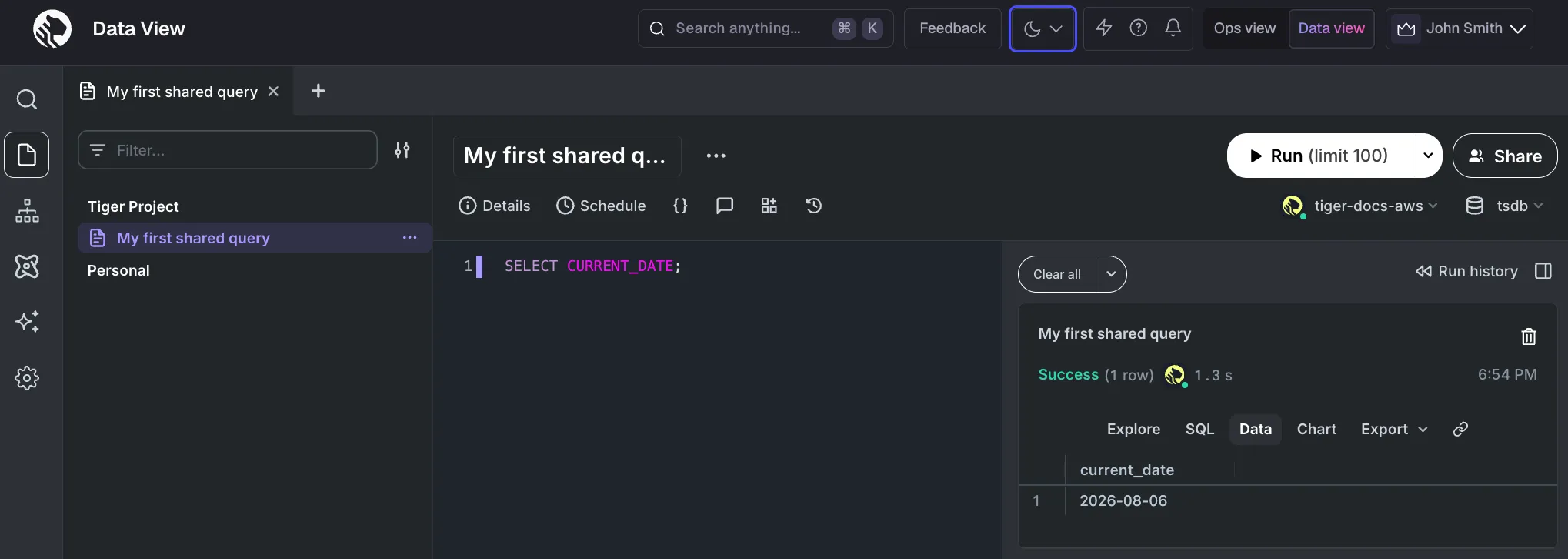 Running a query in the Tiger Console scratchpad