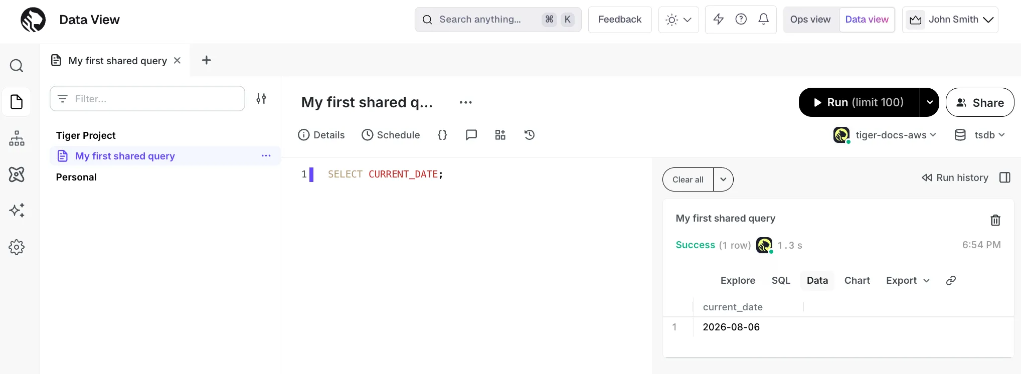 Running a query in the Tiger Console scratchpad