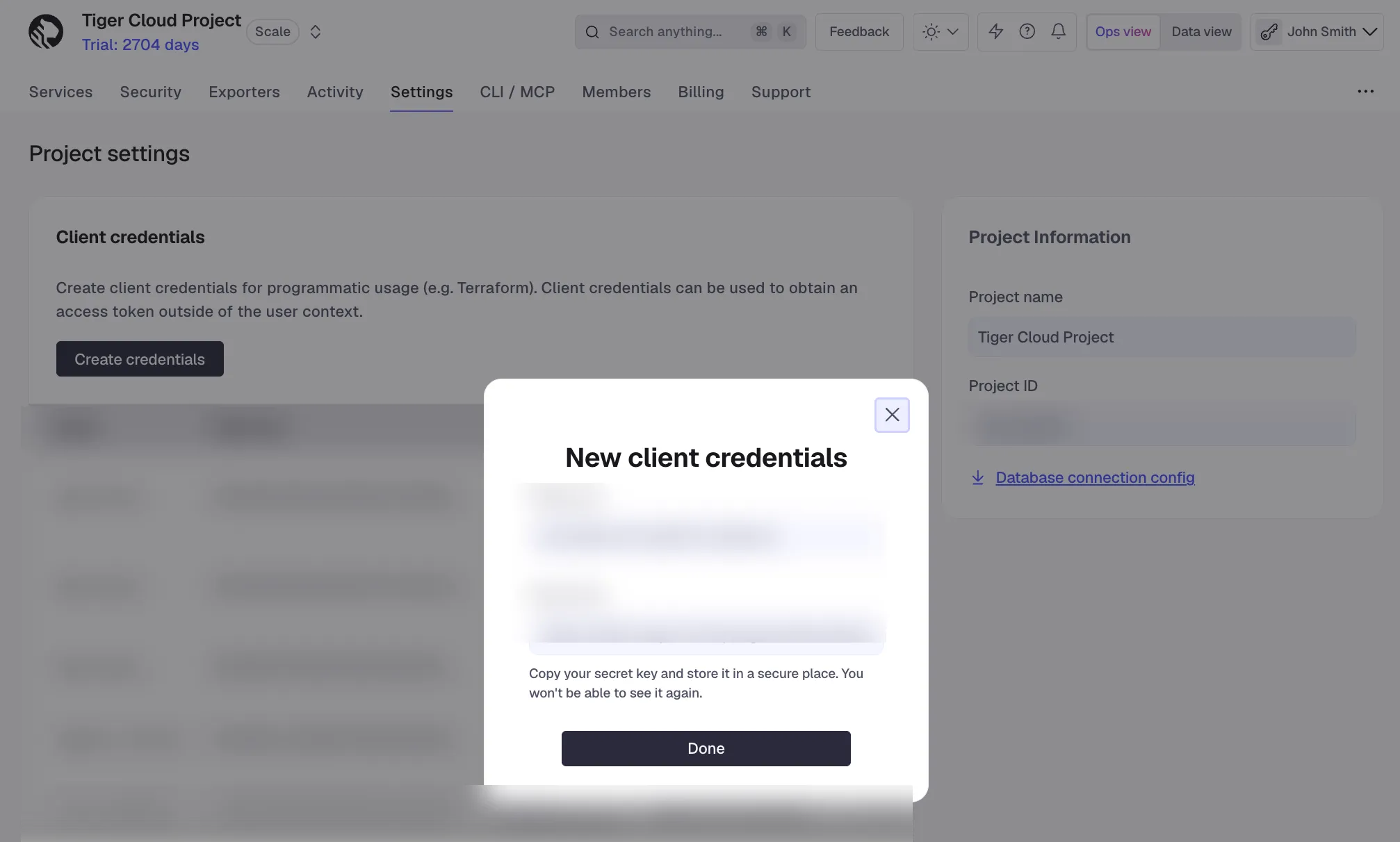Creating client credentials in Tiger Console