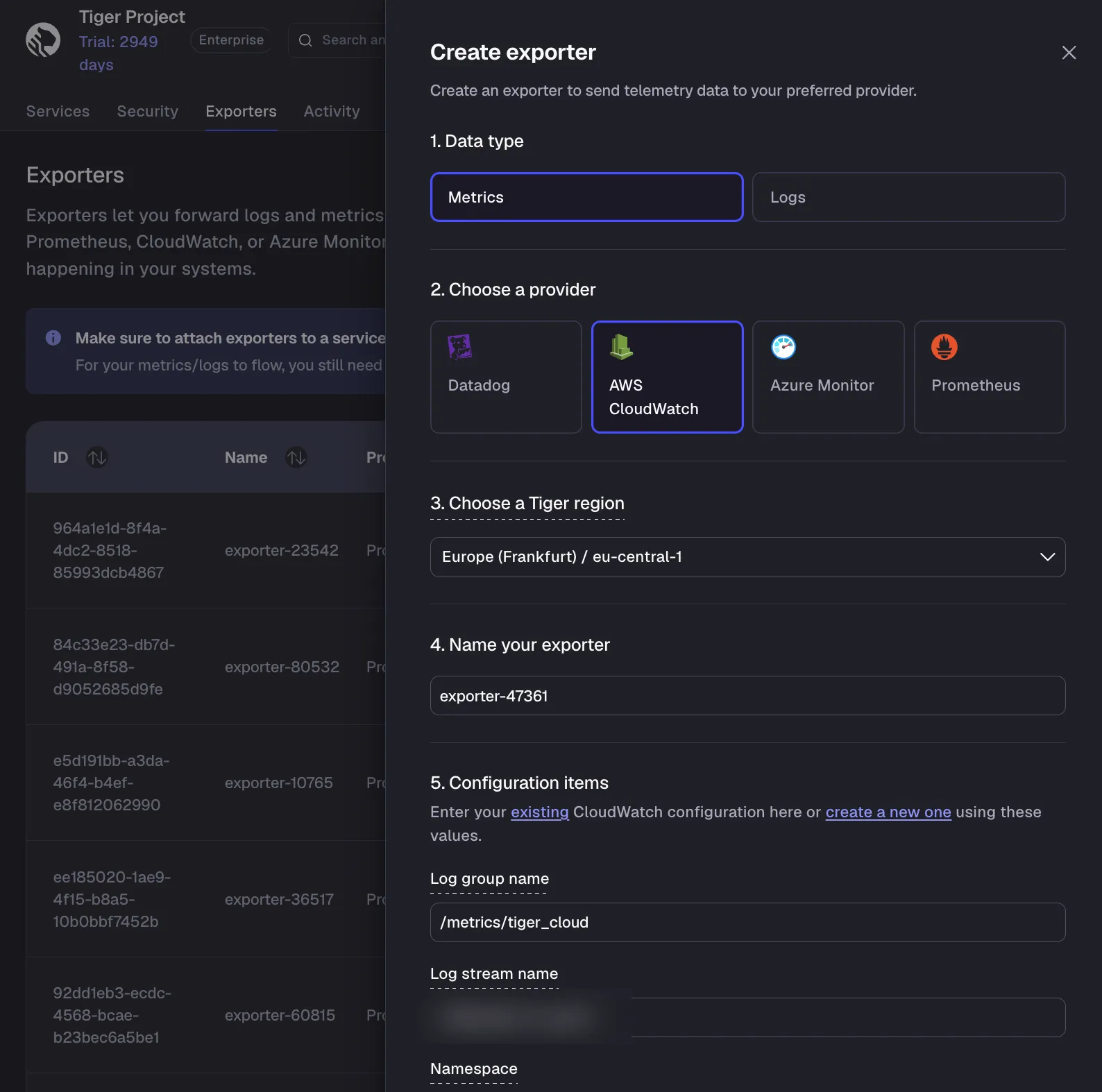 Adding a CloudWatch data exporter in Tiger Console