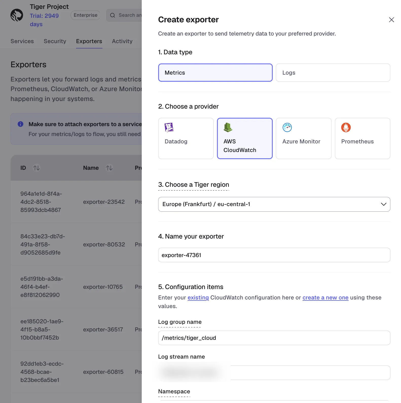 Adding a CloudWatch data exporter in Tiger Console