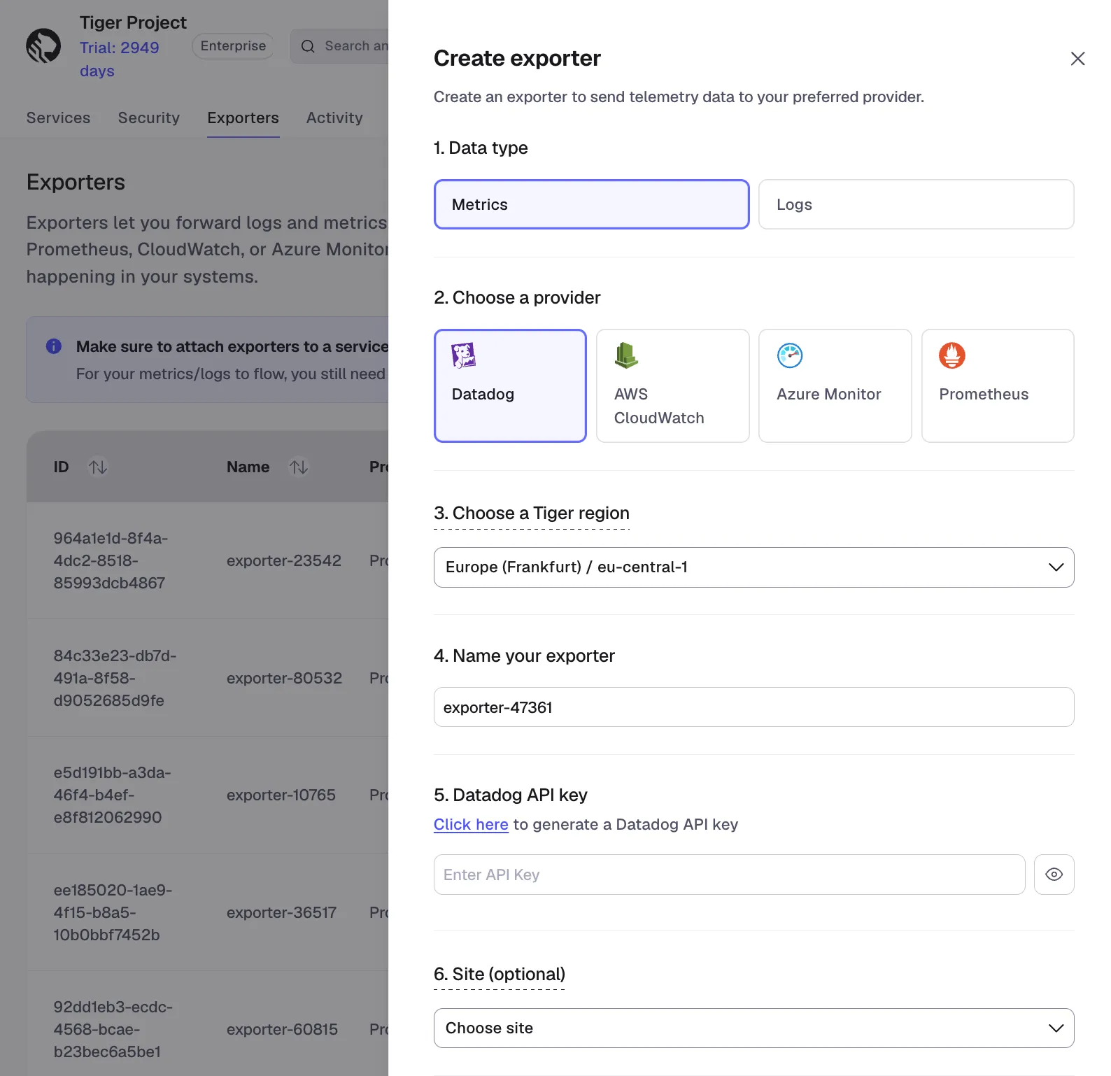 Adding a Datadog exporter in Tiger Console