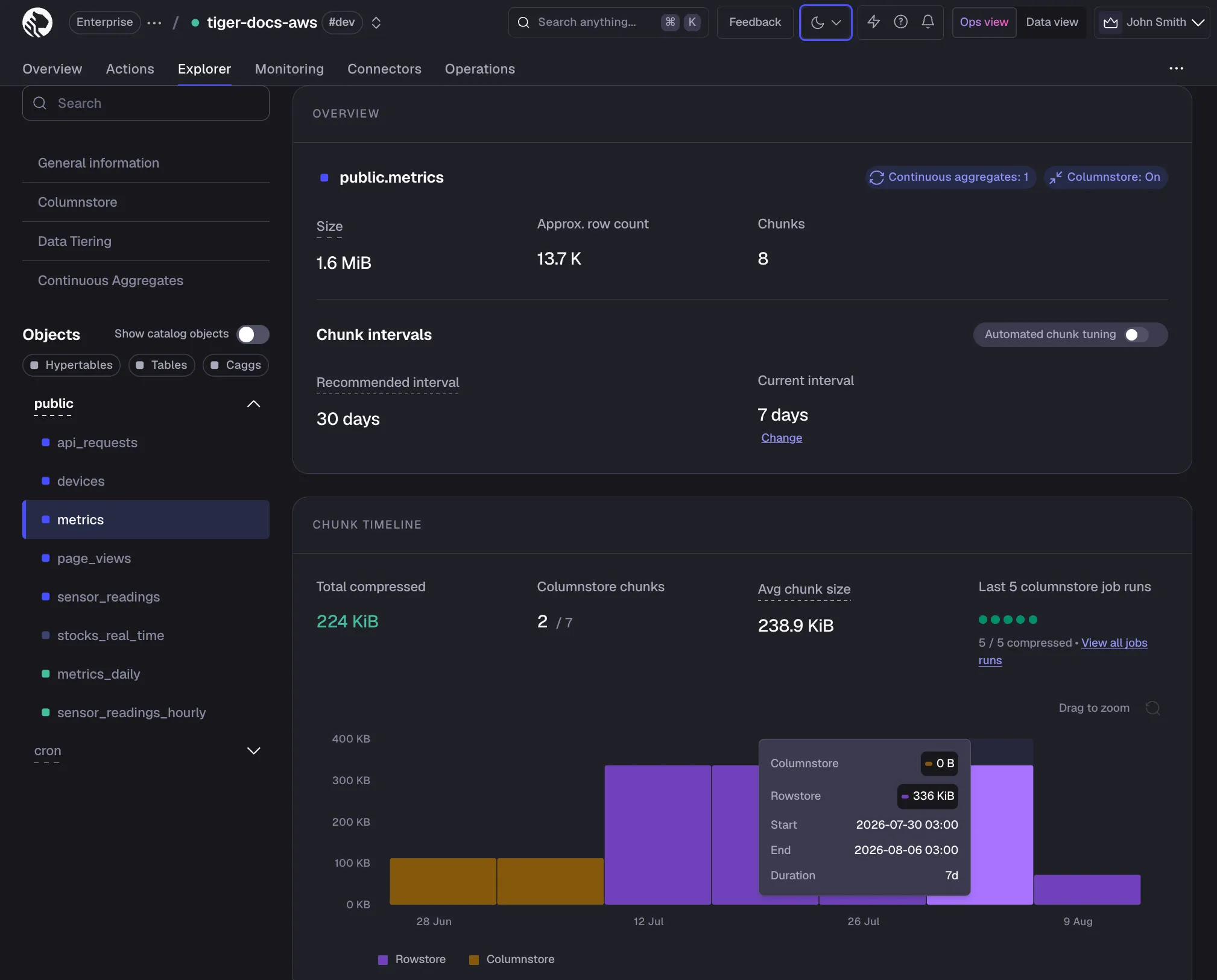 Service explorer tables