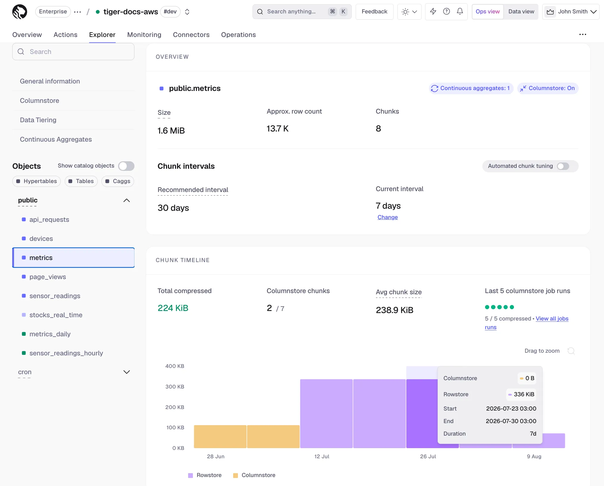 Service explorer tables