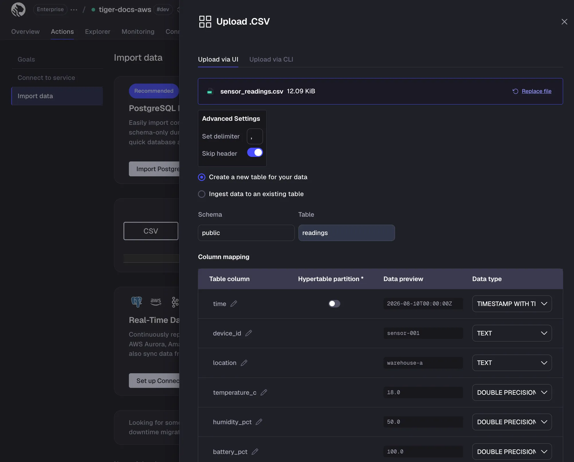 Configuring CSV file import settings in Tiger Console
