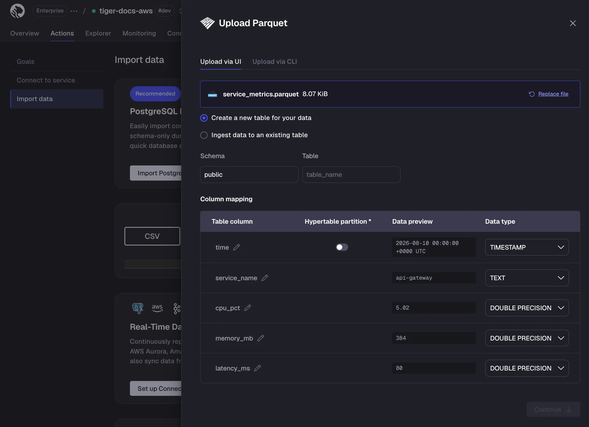 Configuring Parquet file import settings in Tiger Console