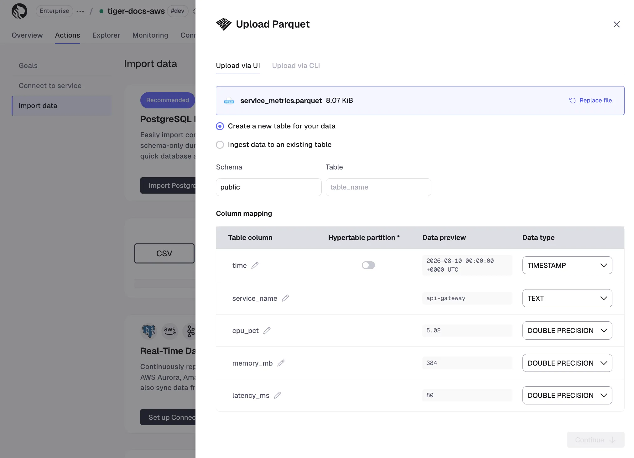 Configuring Parquet file import settings in Tiger Console