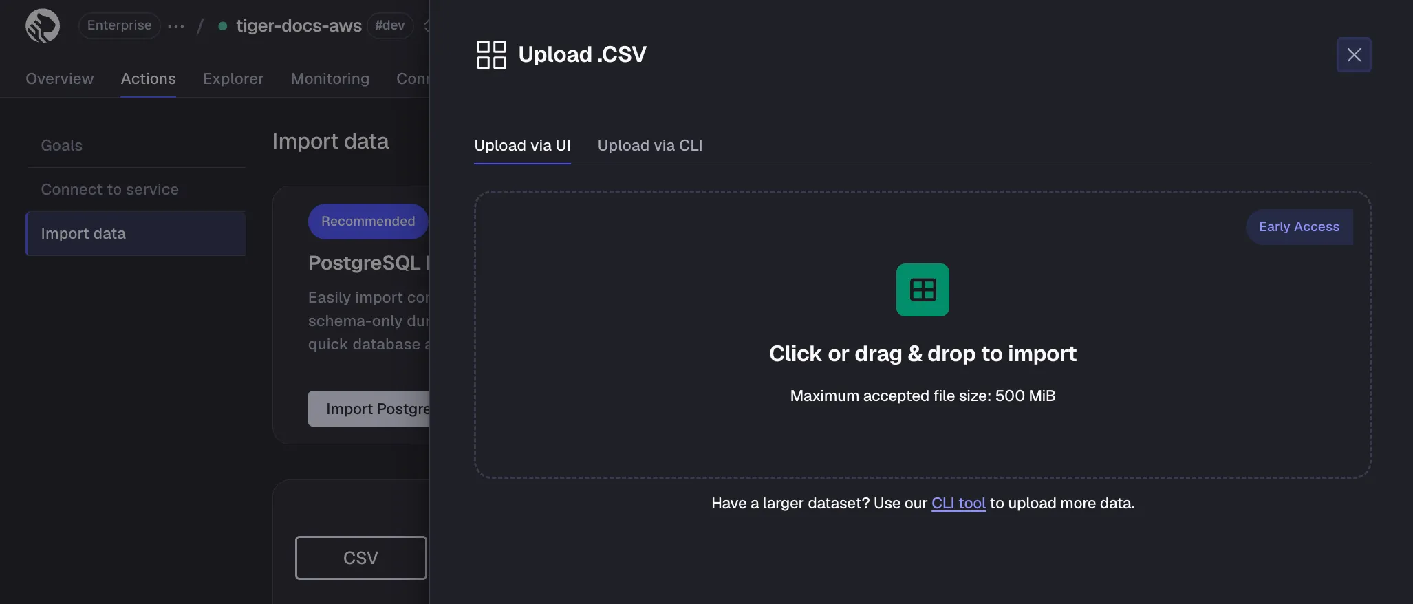 Uploading a CSV file in Tiger Console