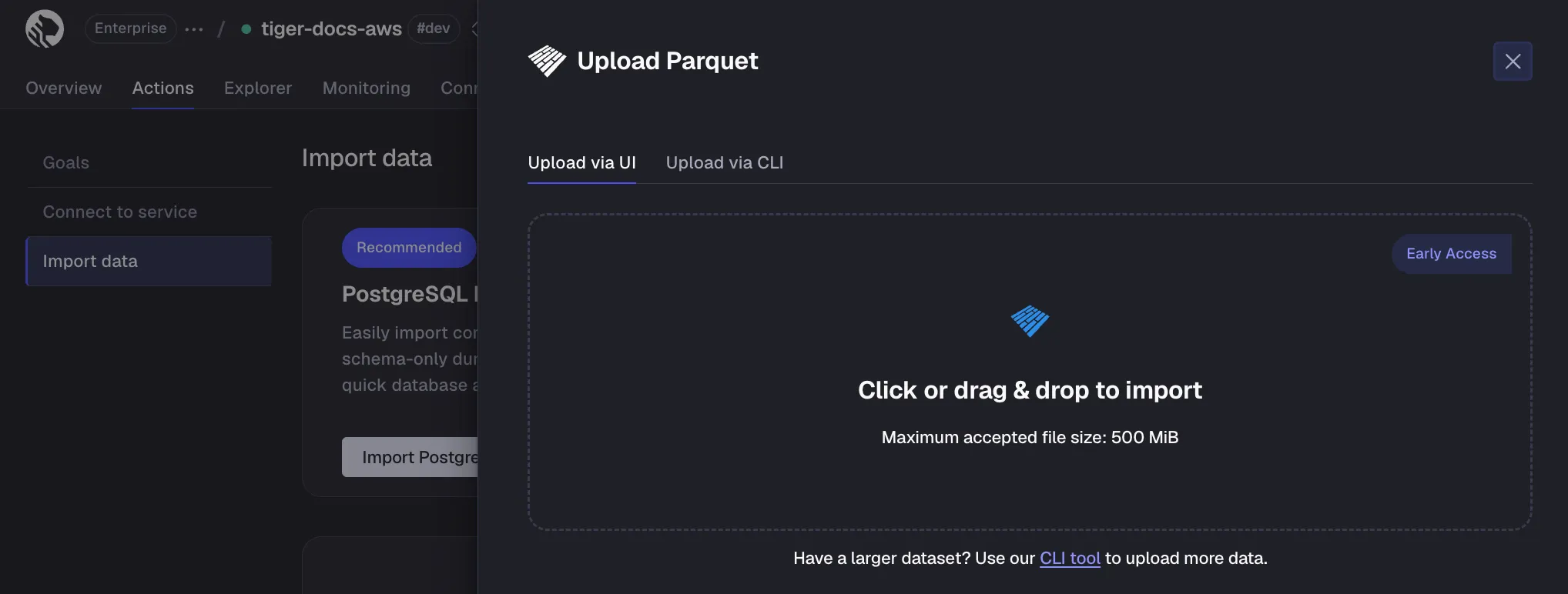 Uploading a Parquet file in Tiger Console
