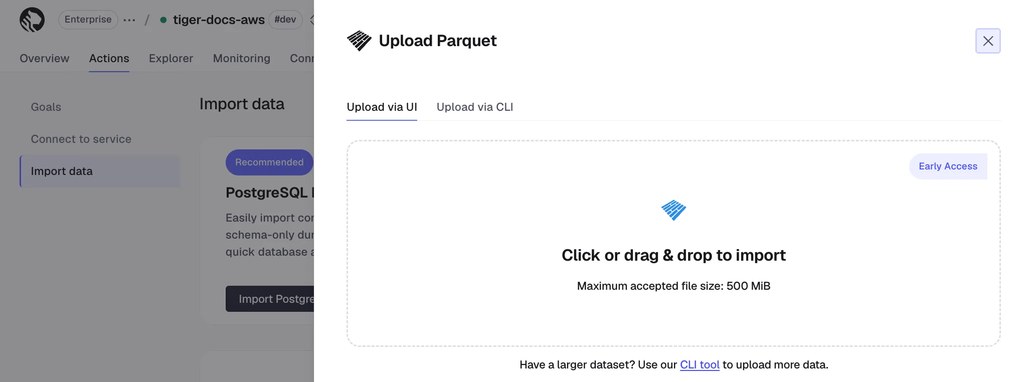 Uploading a Parquet file in Tiger Console