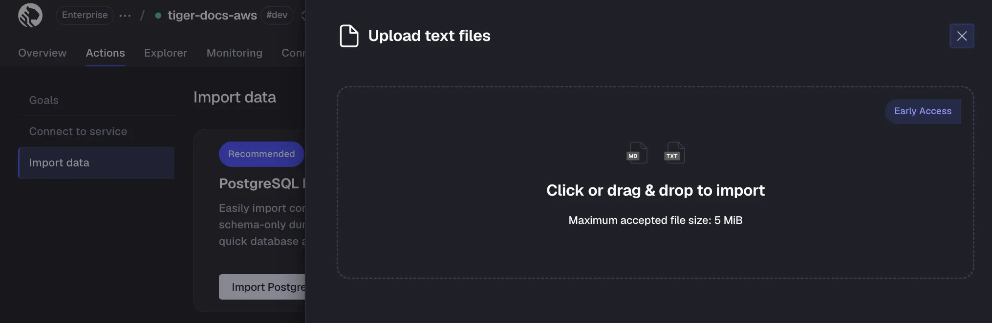 Uploading a text file in Tiger Console