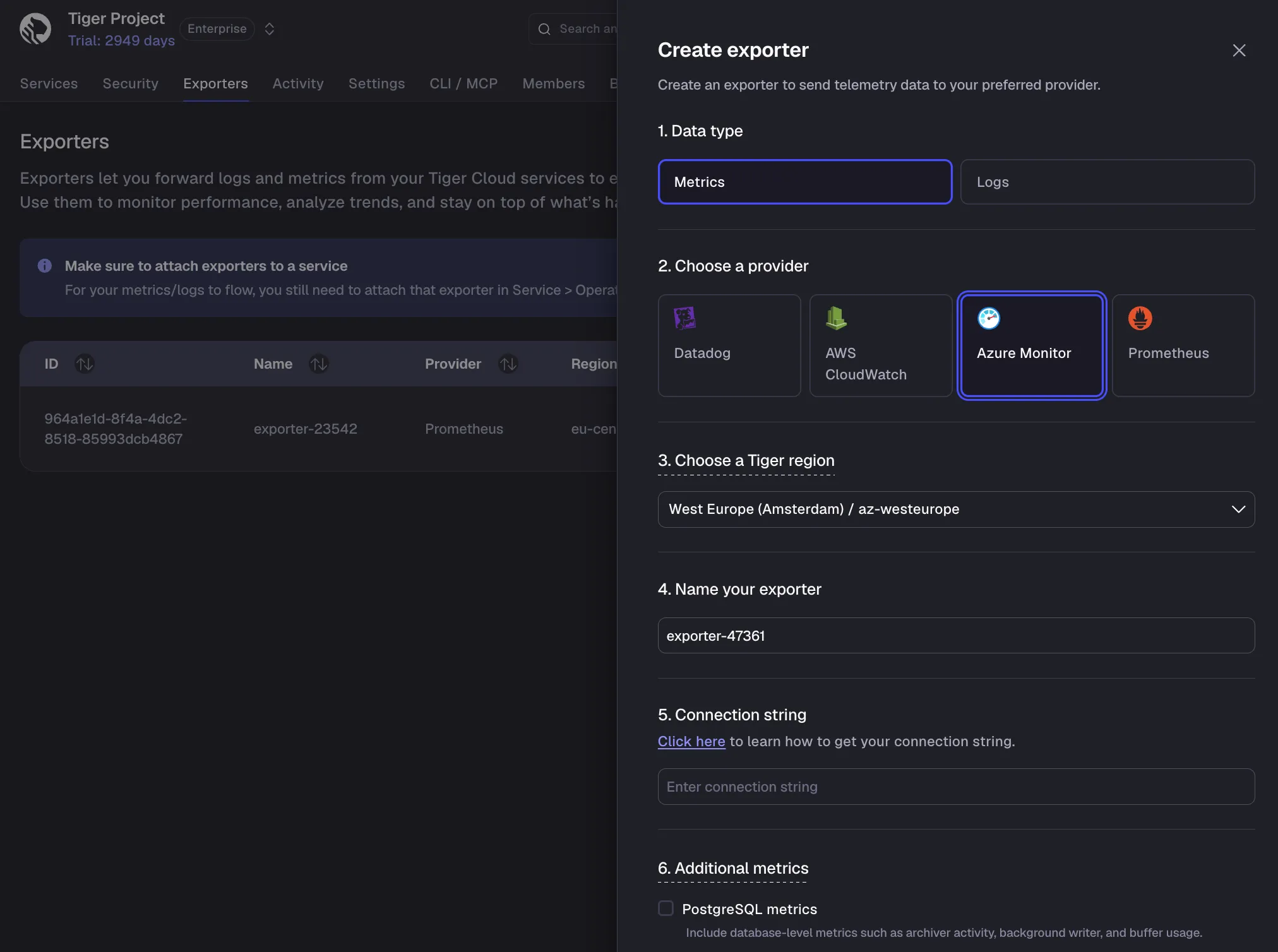 Adding an Azure Monitor exporter in Tiger Console