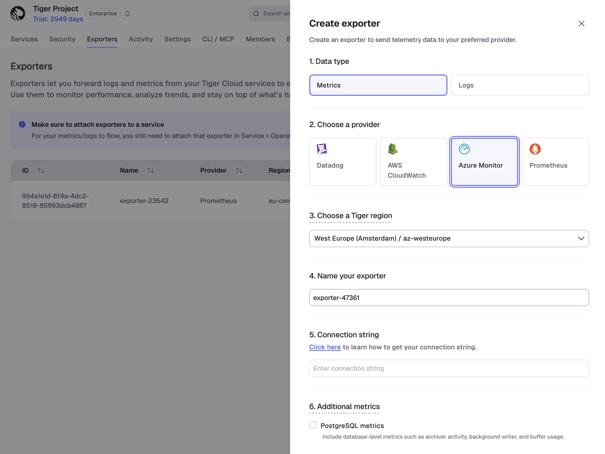 Adding an Azure Monitor exporter in Tiger Console