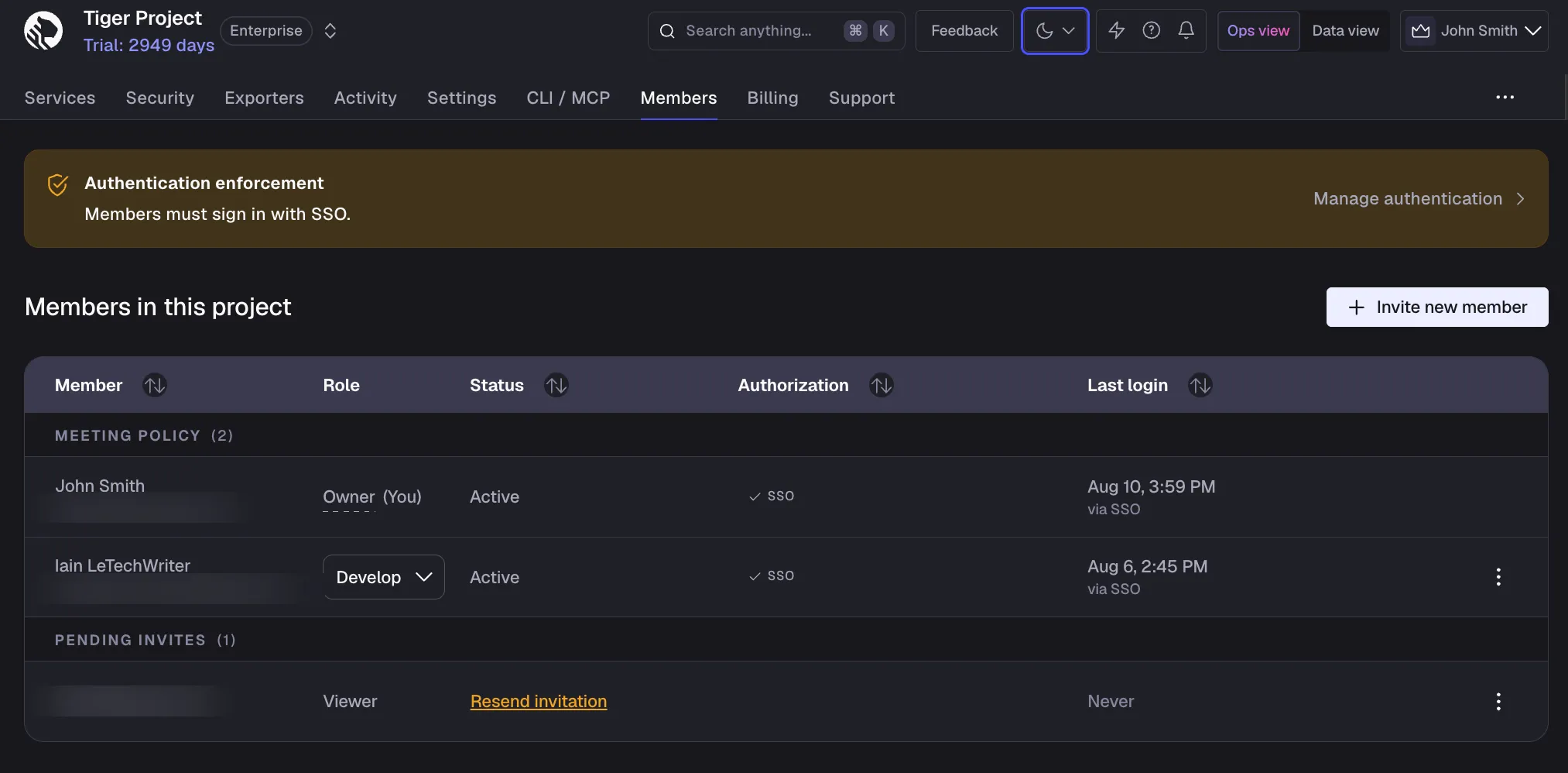 Members page in Console, showing the authentication enforcement banner and members grouped by policy compliance