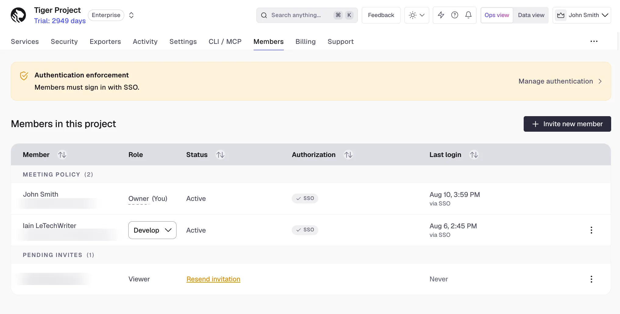 Members page in Console, showing the authentication enforcement banner and members grouped by policy compliance