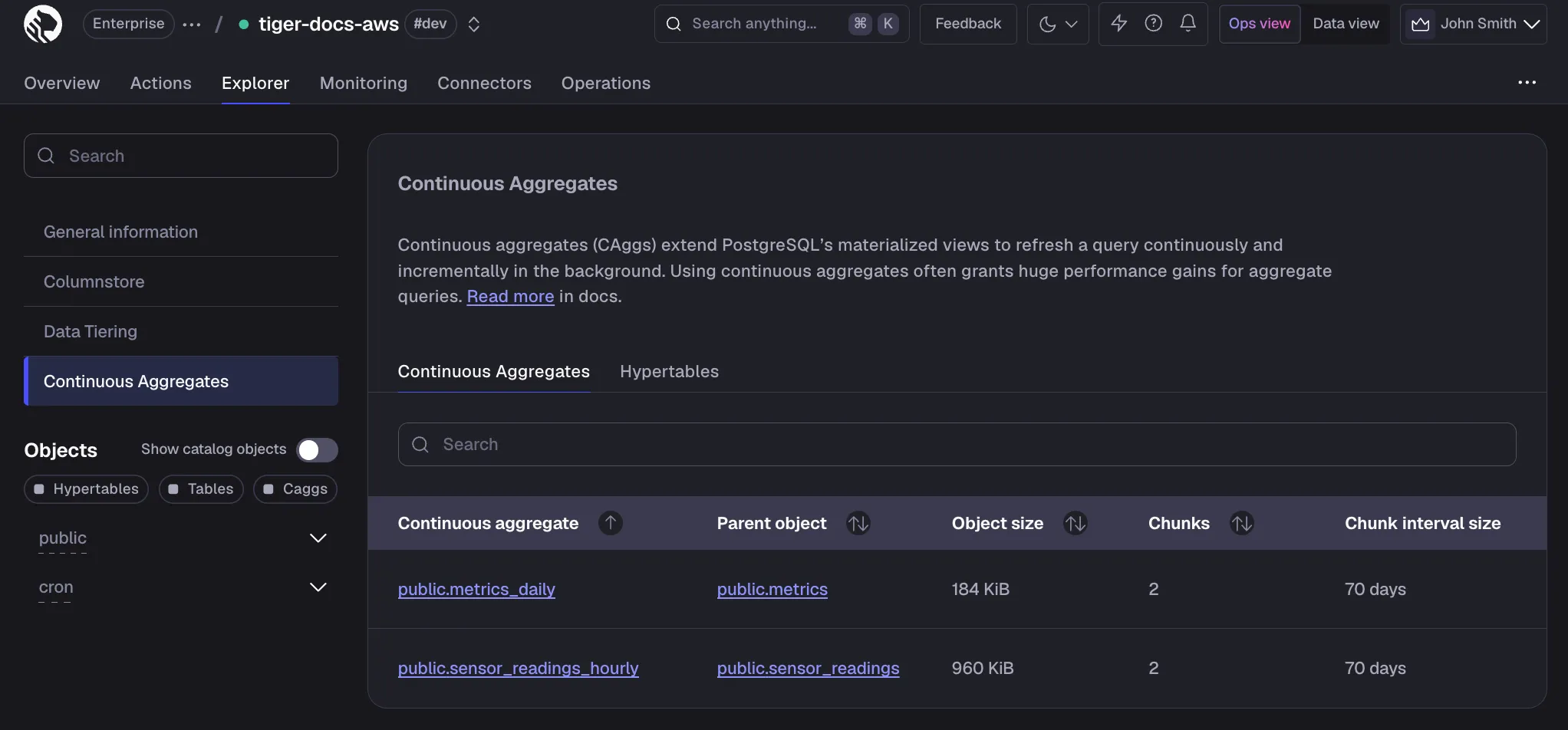 Service explorer caggs