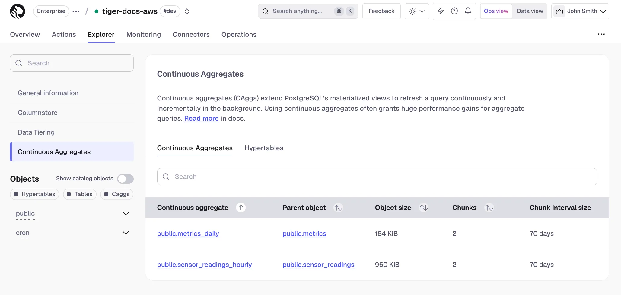Service explorer caggs