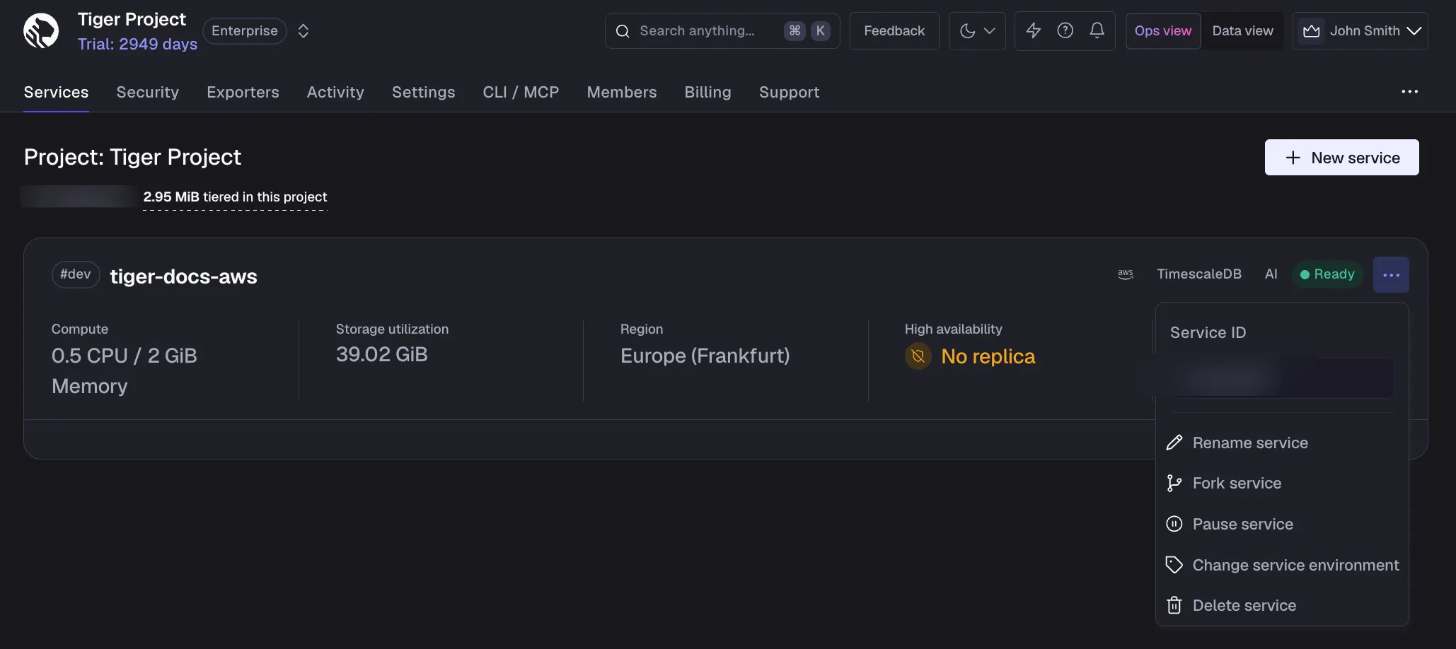 Retrieving the service ID in Tiger Console