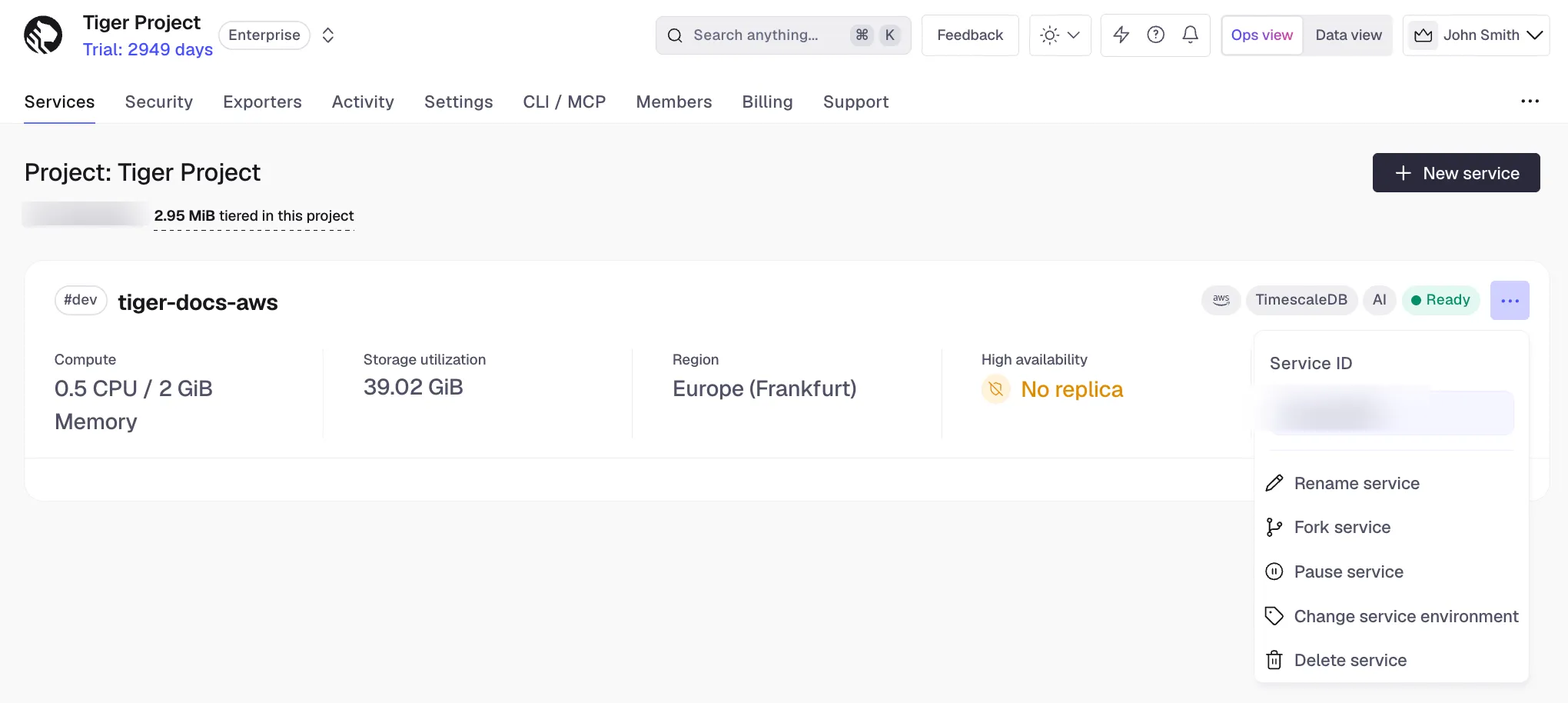 Retrieving the service ID in Tiger Console