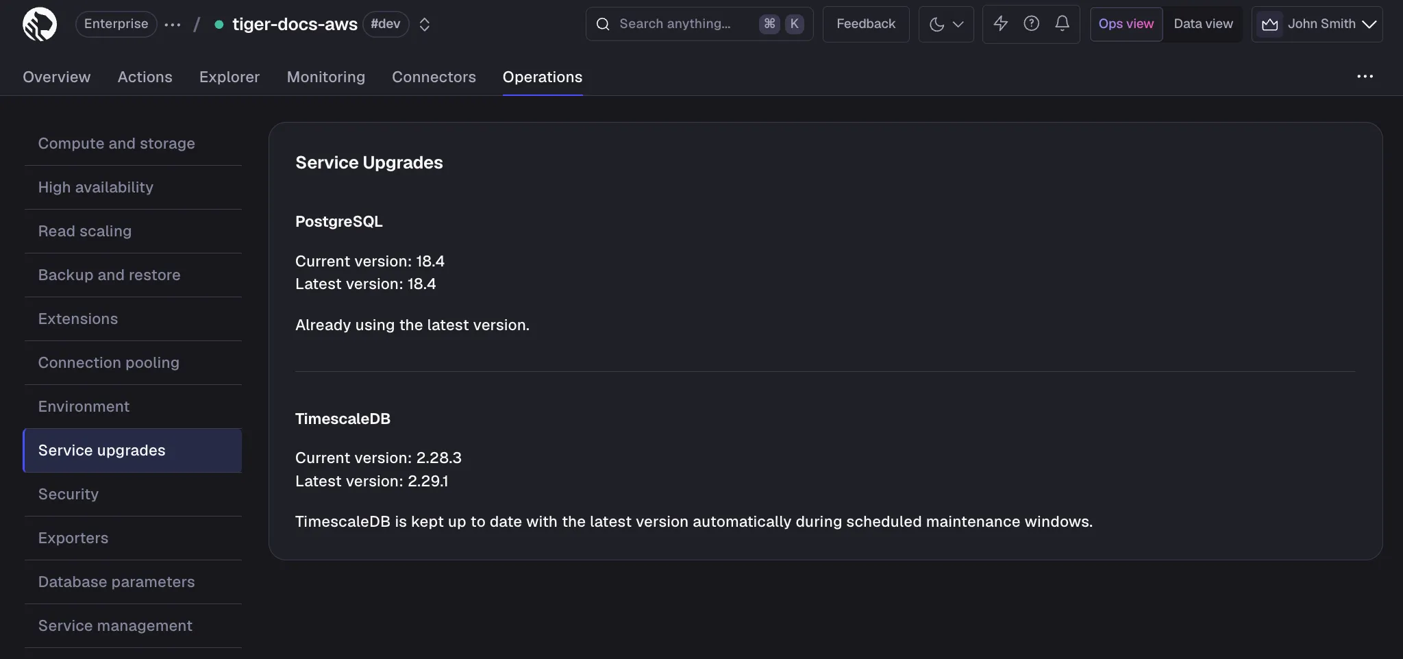 Service upgrades panel in Tiger Console showing current and latest PostgreSQL and TimescaleDB versions