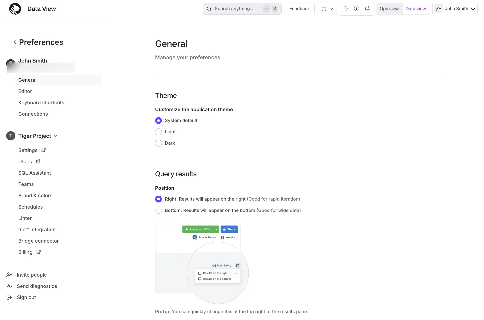 SQL assistant settings in Tiger Console